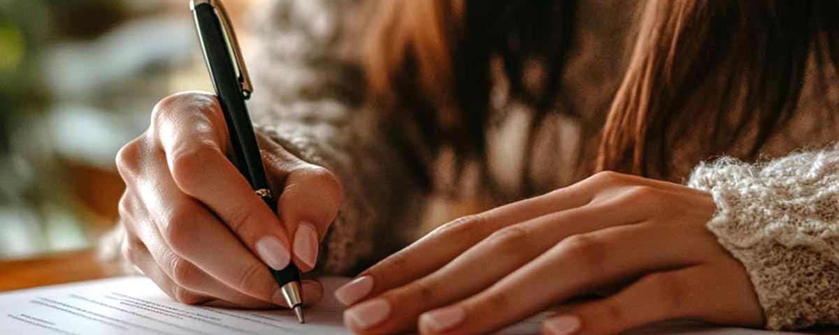 Mulher assinando o nome num contrato.
