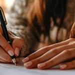 Mulher assinando o nome num contrato.