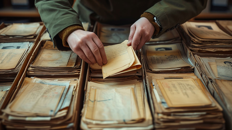 Uma pessoa pegando um documento numa pilha de documentos antigos.