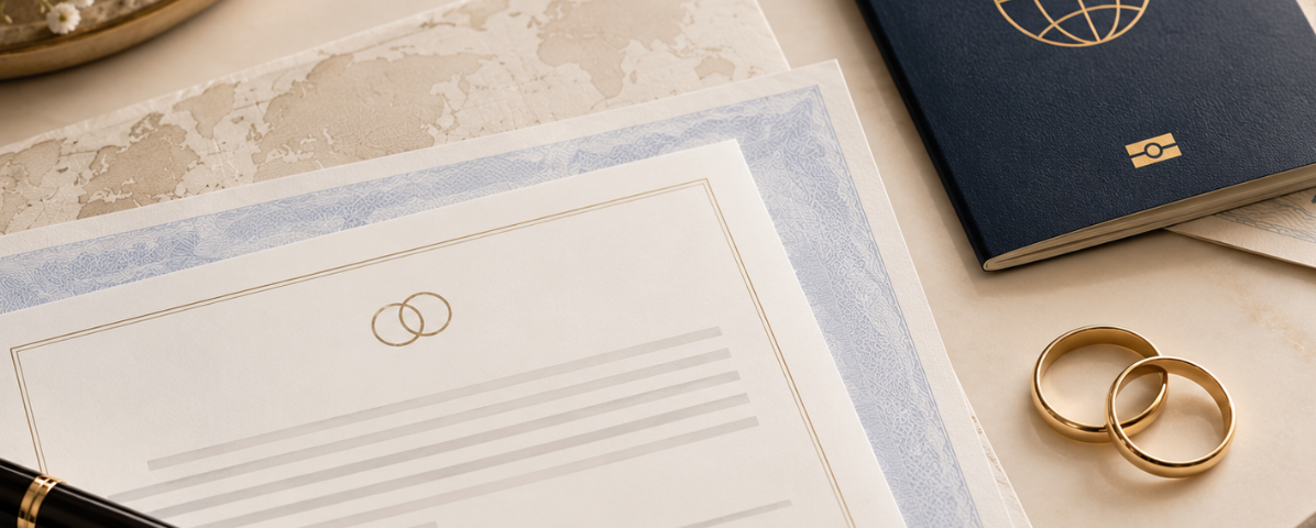 Documentos de casamento e divórcio sobre uma mesa, representando a regularização do estado civil no Brasil.