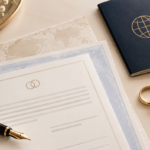 Documentos de casamento e divórcio sobre uma mesa, representando a regularização do estado civil no Brasil.