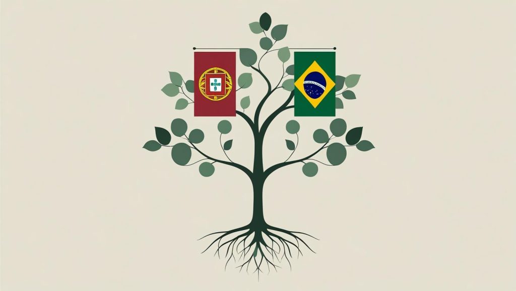 Árvore com as bandeiras do brasil e Portugal.