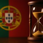 Ampulheta com a bandeira de Portugal ao fundo.
