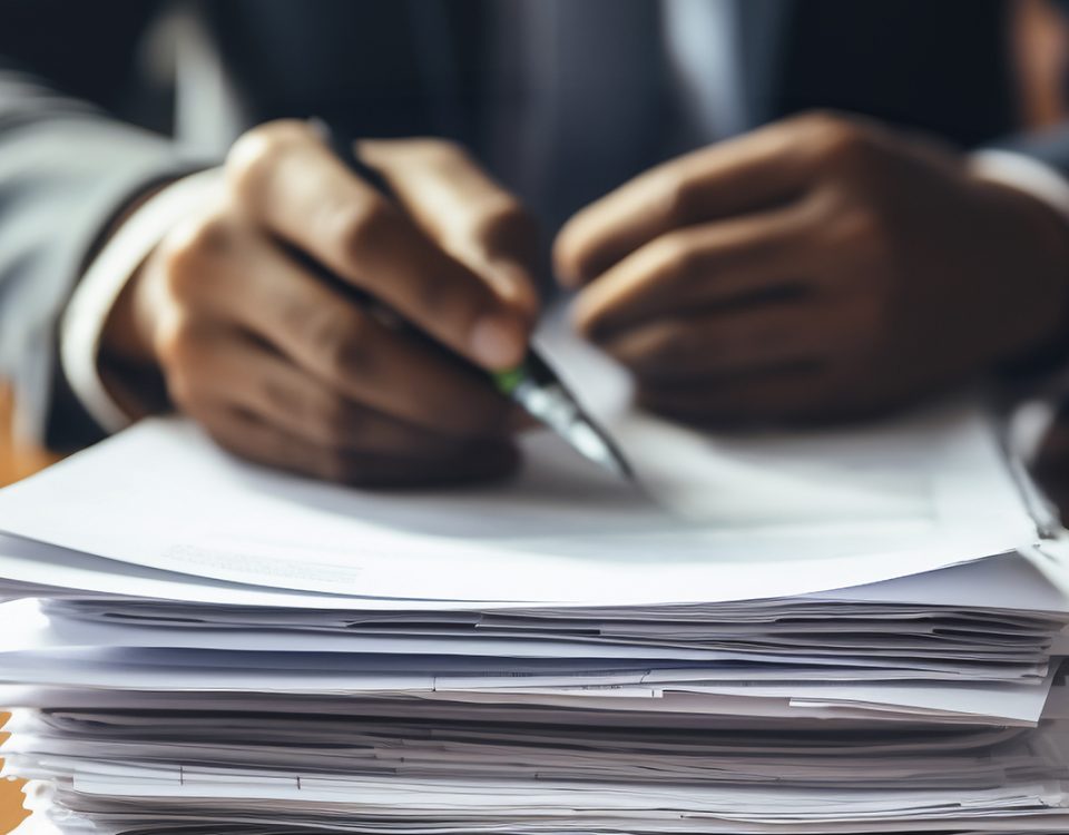 Advogado assinando documentos.
