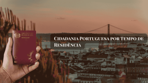 Passaporte português bordô sobre fundo panorâmico de Lisboa, ilustrando o direito à cidadania portuguesa por tempo de residência conforme a Lei Orgânica 1/2024.